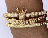 set of three kings crown bracelets with gold plated crystal beads