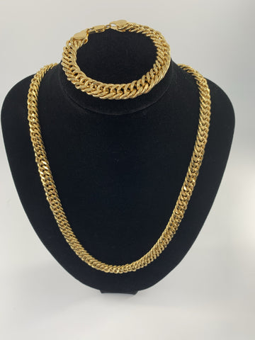 Men’s 18k gold double Miami Cuban link necklace and bracelet set