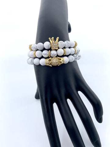 White howlite stone crown bracelet set