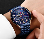 Blue and silver stainless steel chronograph sports watch