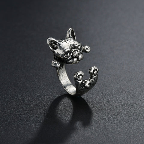 Adjustable Handmade French Bulldog Rings In Antique Silvery Rhodium