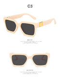 children's pink square sunglasses with dark lenses.